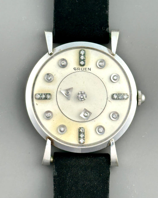 Gruen 14k White Gold Mystery Diamond Dial Vintage