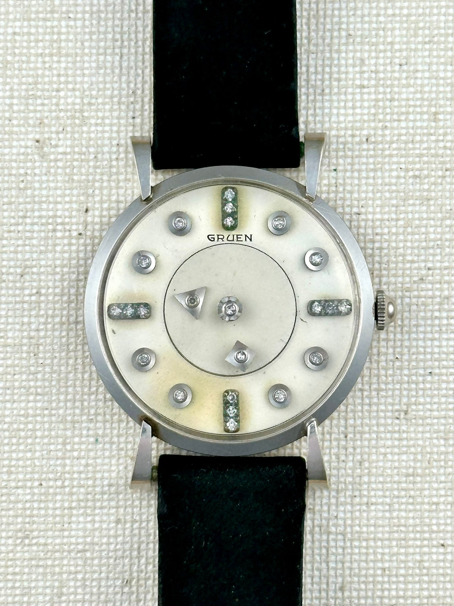 Gruen 14k White Gold Mystery Diamond Dial Vintage