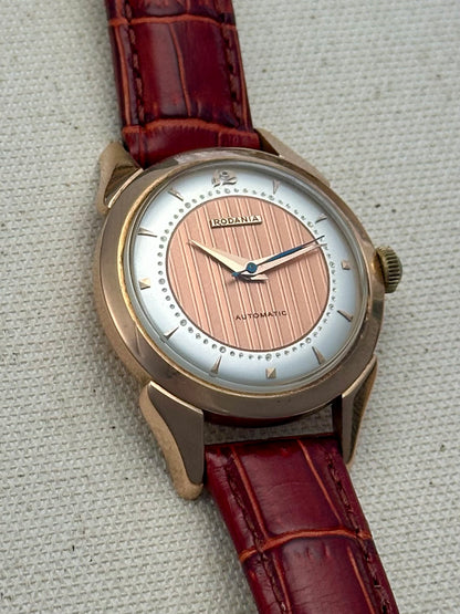 Rodania 18k Rose Gold Tapestry Dial Vintage