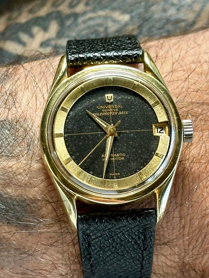 Universal Geneve Polerouter Date Black Crosshair Dial with Box Vintage
