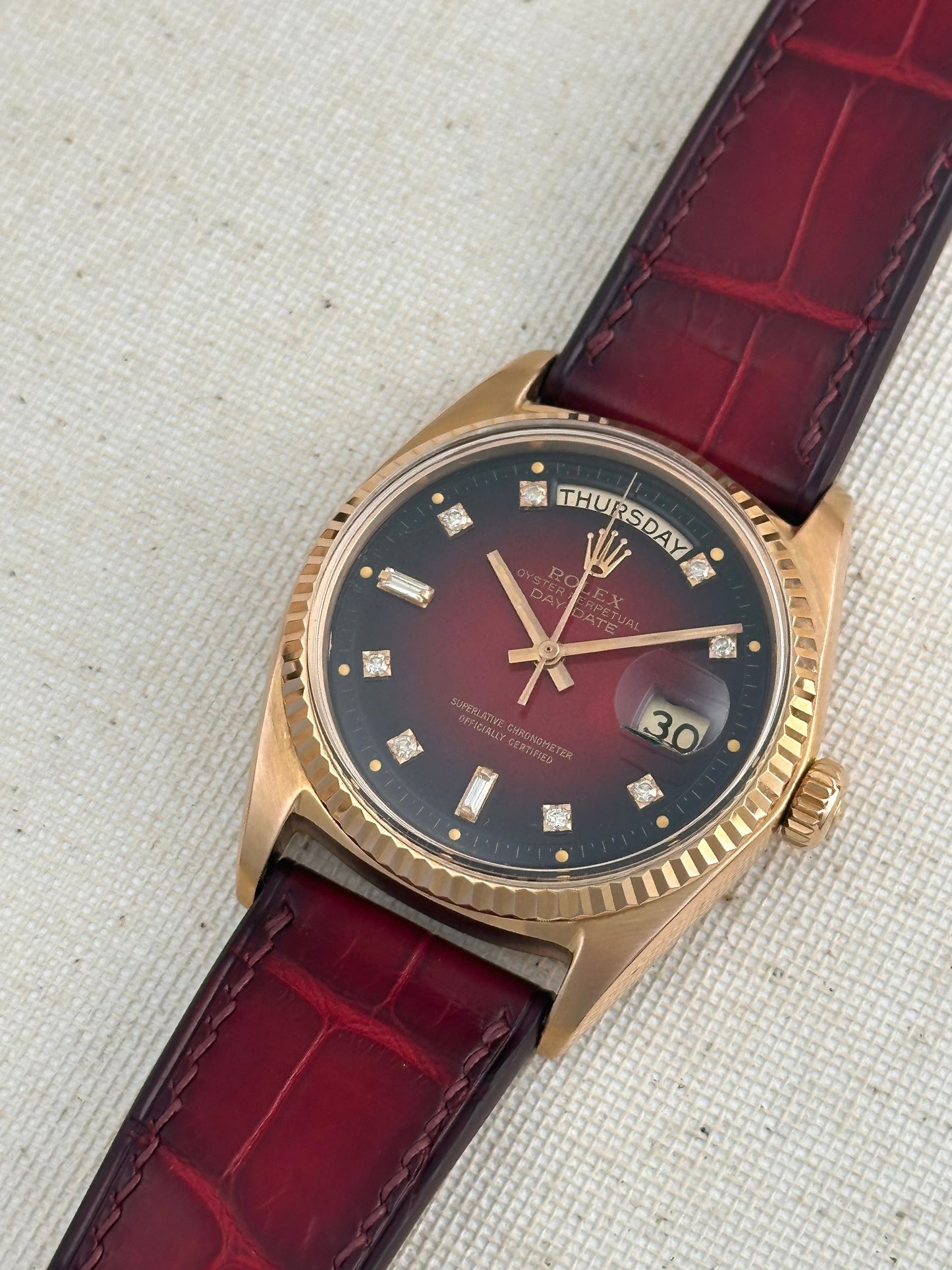 Rolex 18k Pink Gold - Day Date - Oxblood Vignette Diamond Dial Vintage