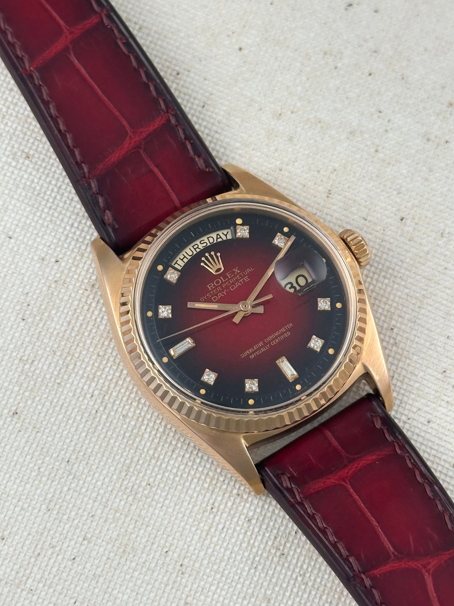 Rolex 18k Pink Gold - Day Date - Oxblood Vignette Diamond Dial Vintage