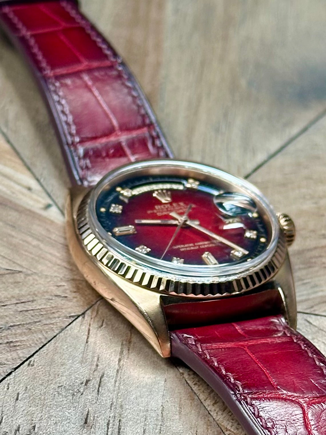 Rolex 18k Pink Gold - Day Date - Oxblood Vignette Diamond Dial Vintage