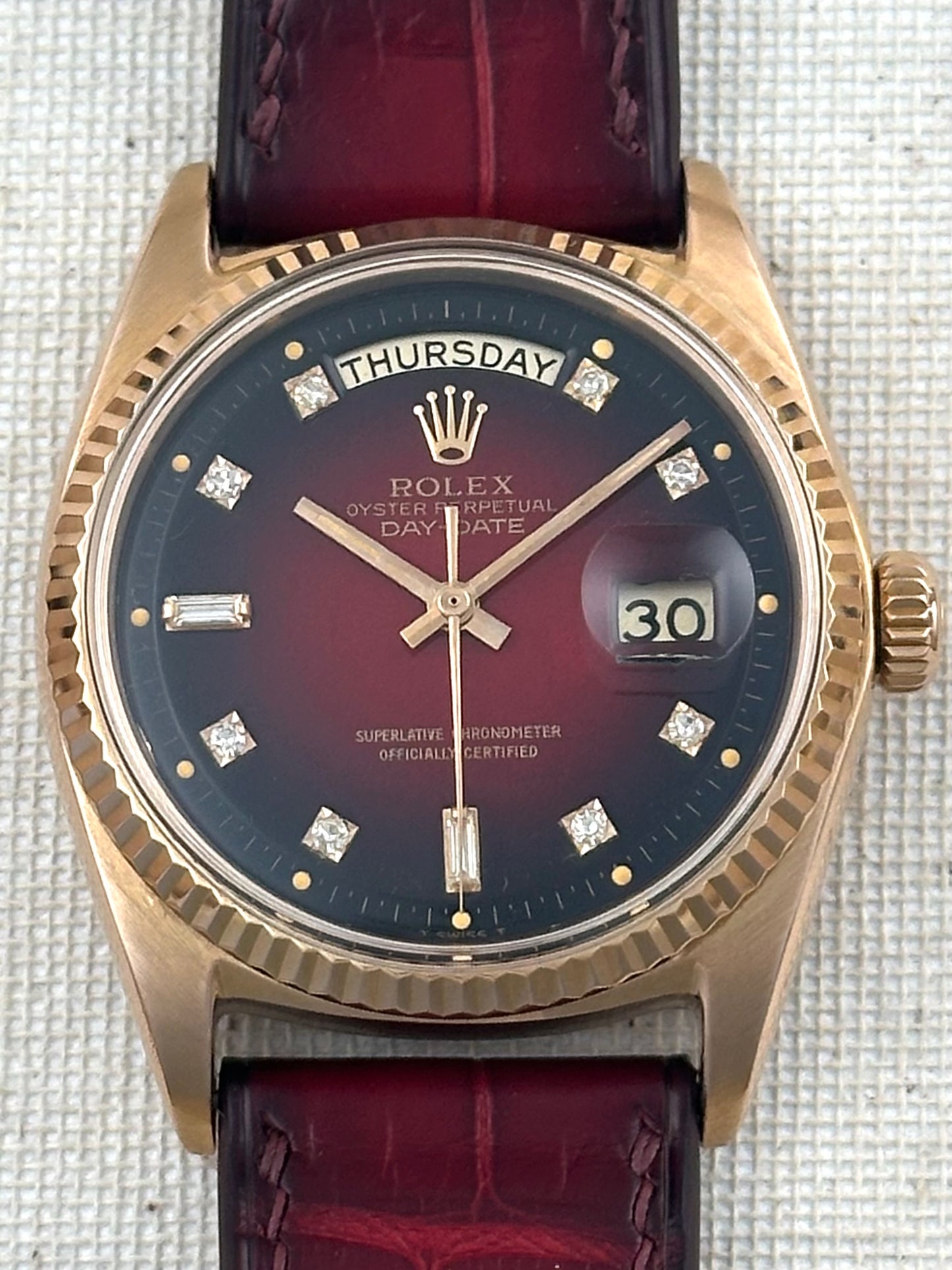 Rolex 18k Pink Gold - Day Date - Oxblood Vignette Diamond Dial Vintage