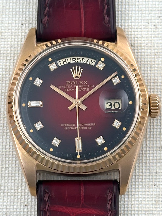Rolex 18k Pink Gold - Day Date - Oxblood Vignette Diamond Dial Vintage