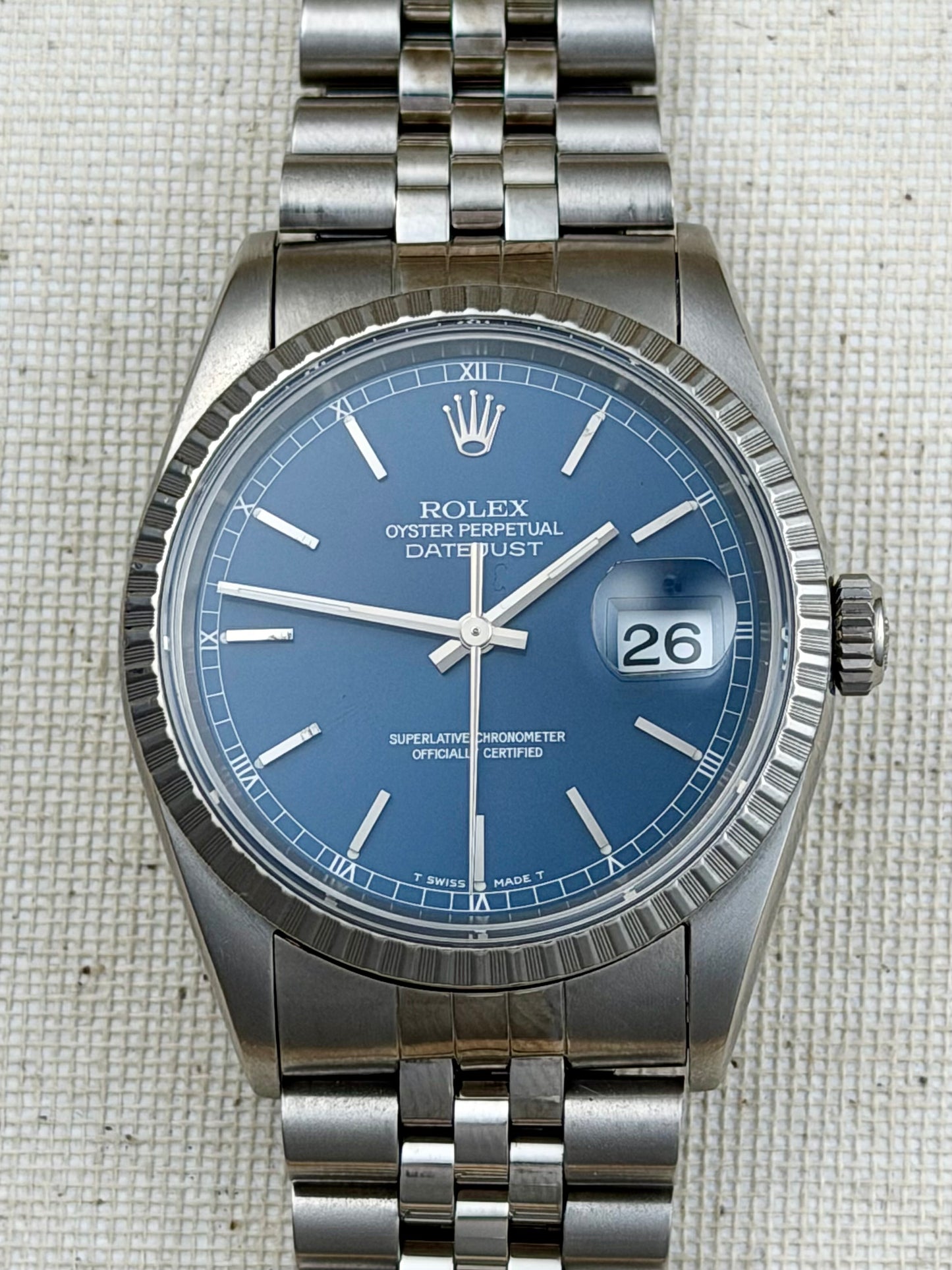 Rolex Datejust Blue ref 16220 Engine Turned Bezel Vintage