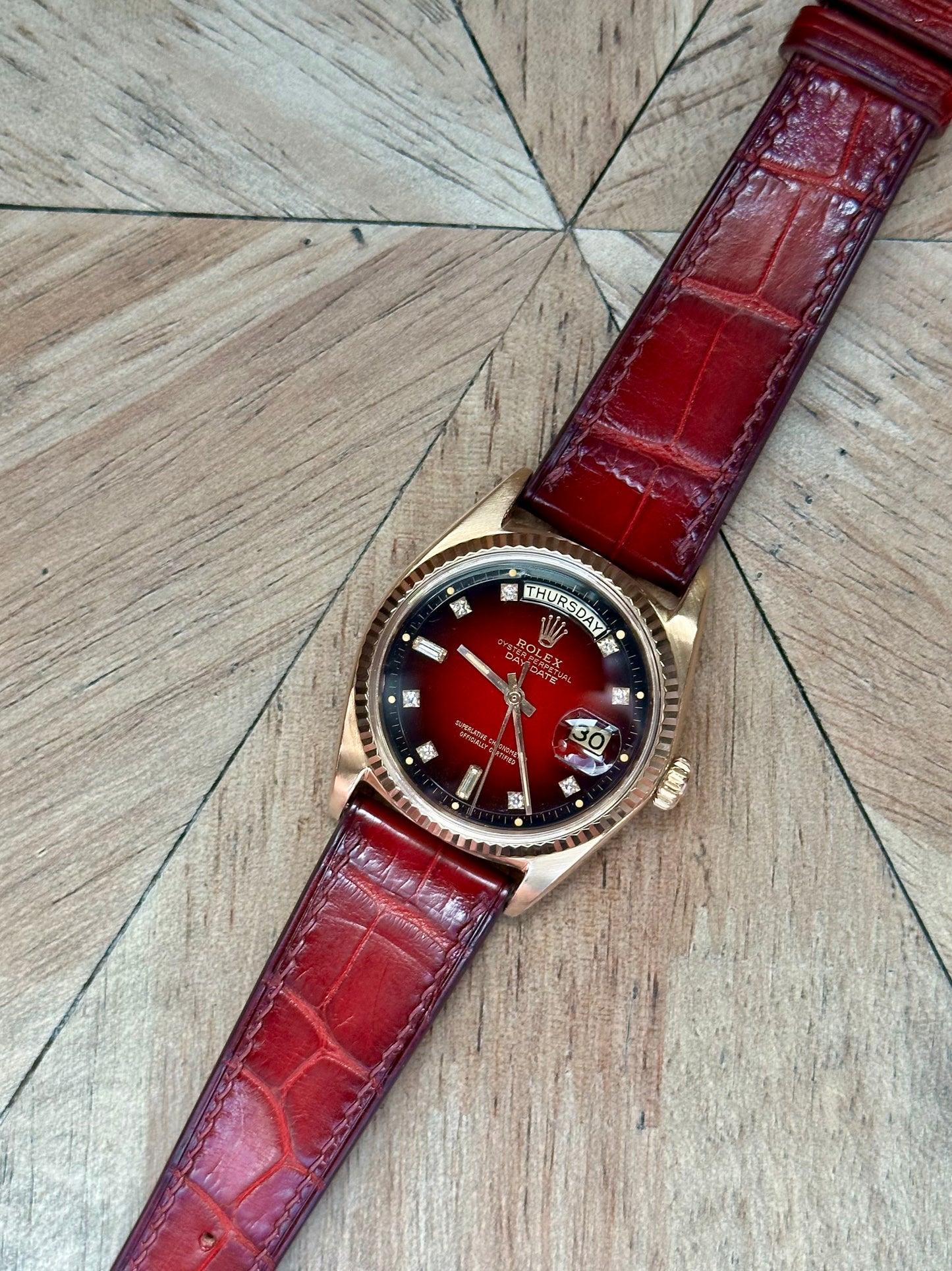 Rolex 18k Pink Gold - Day Date - Oxblood Vignette Diamond Dial Vintage