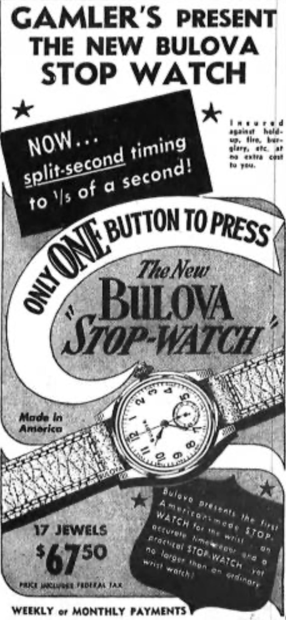 Bulova Monopusher "Stopwatch" 1940's Vintage