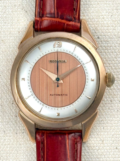 Rodania 18k Rose Gold Tapestry Dial Vintage
