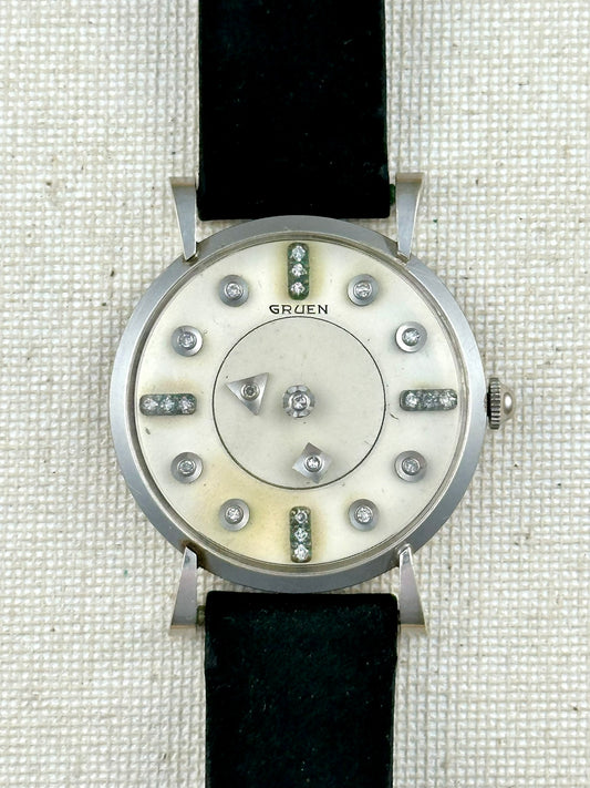 Gruen 14k White Gold Mystery Diamond Dial Vintage