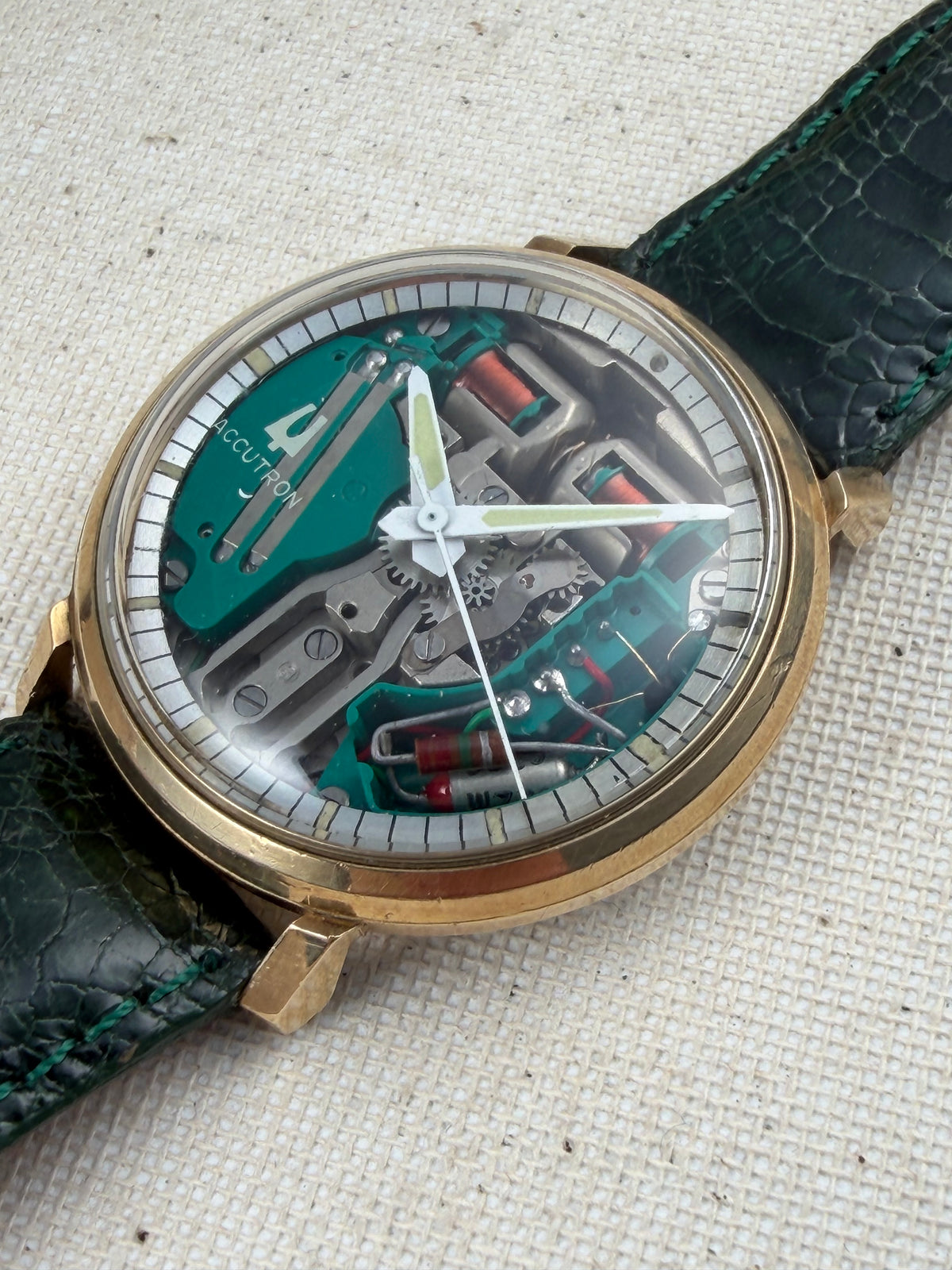 Accutron Spaceview Gold Filled Green Strap Vintage