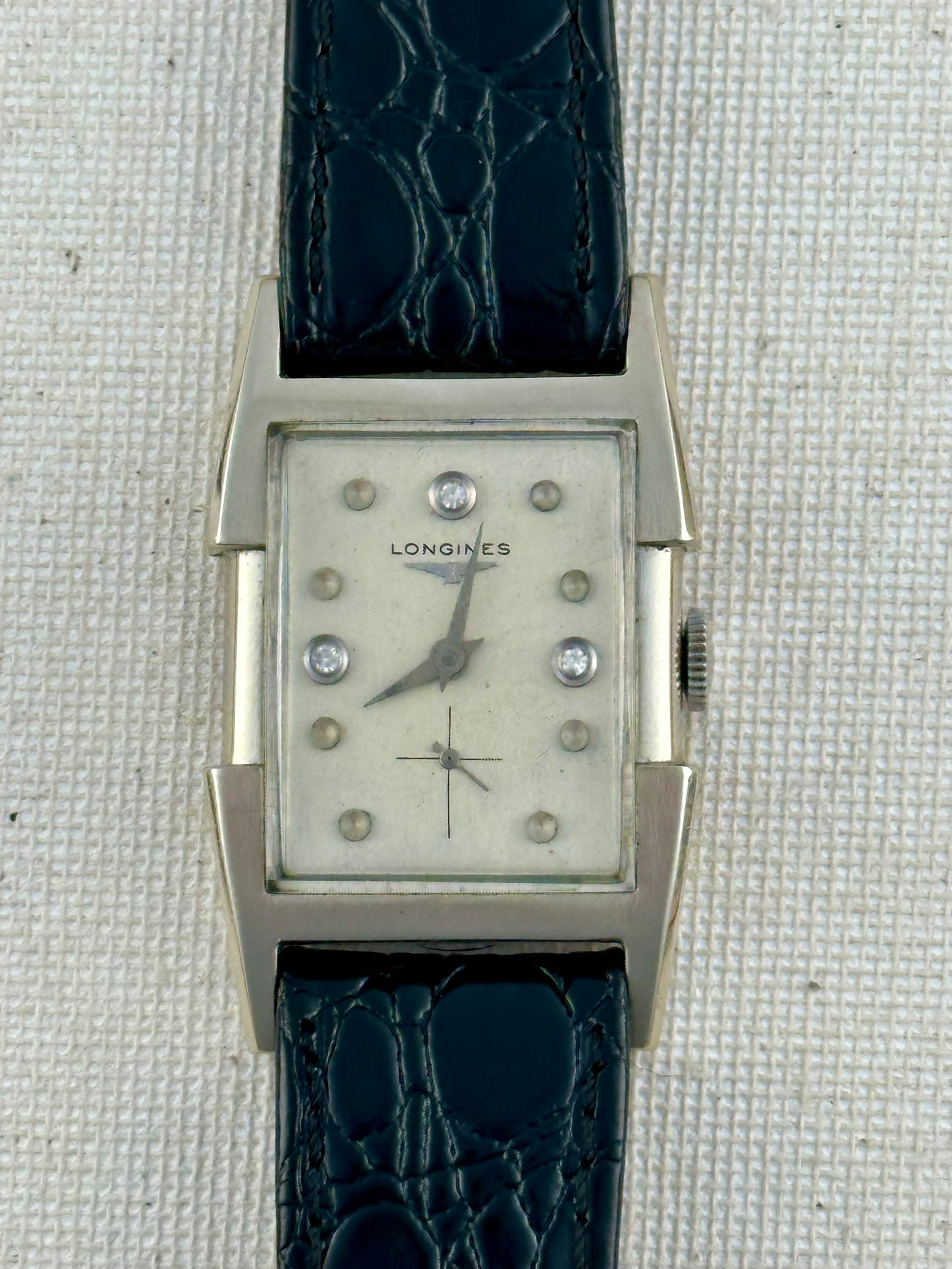 Longines 14k White Gold Diamond Dial Fancy Tank Vintage
