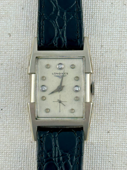 Longines 14k White Gold Diamond Dial Fancy Tank Vintage