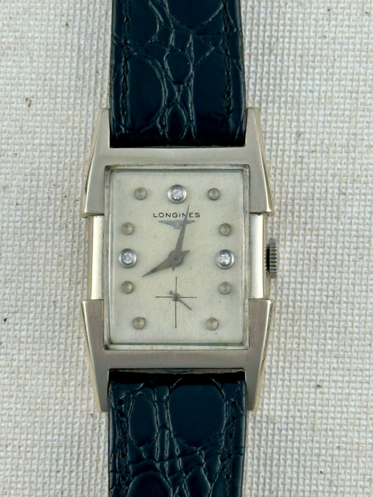 Longines 14k White Gold Diamond Dial Fancy Tank Vintage